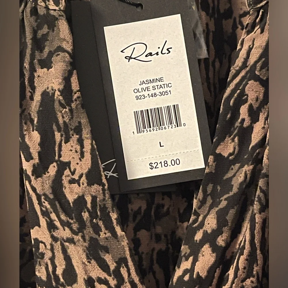 Rails Jasmine Olive Abstract print mini-dress smocked waist size Large NWT - Picture 4 of 13